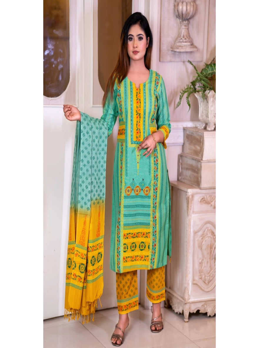 Exquisite Block-Printed & Embroidered Taat Cotton Three-Piece Suit
