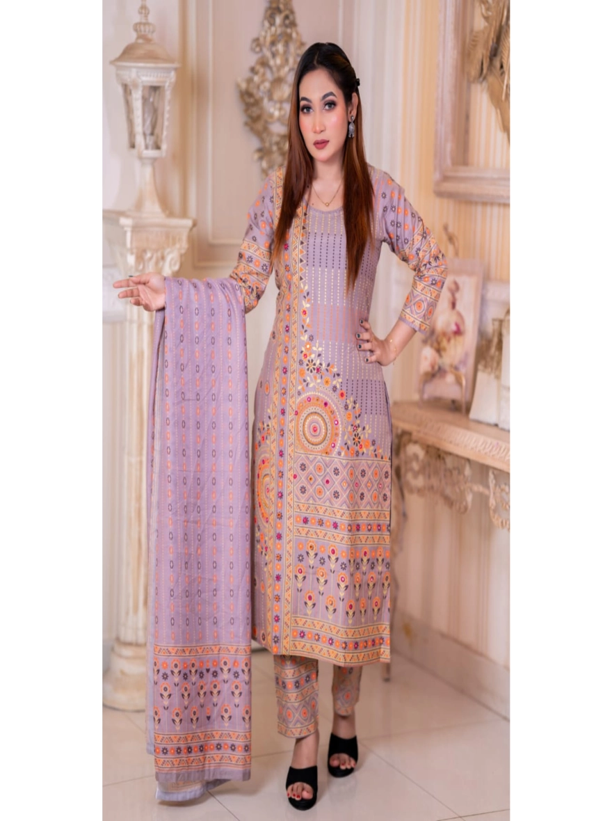 Exquisite Block-Printed & Embroidered Cotton Three-Piece Set