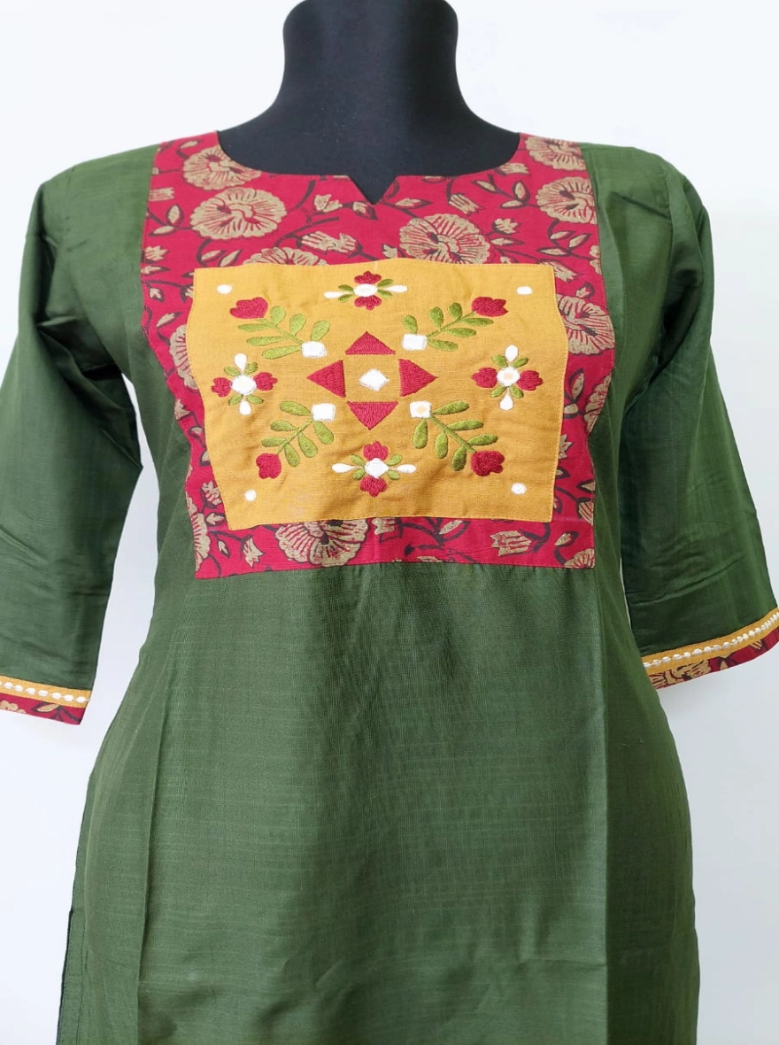 Olive Heritage Patchwork Embroidered Kurti