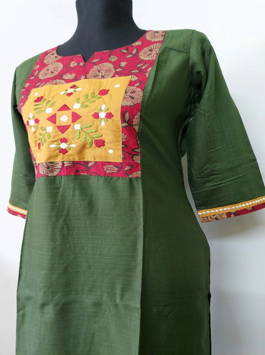 Olive Heritage Patchwork Embroidered Kurti