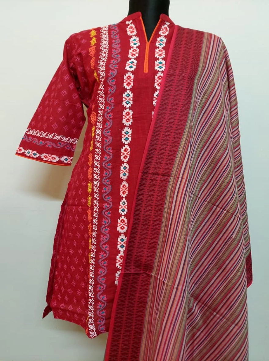 Ruby Ethnic Geometric Print Three-Piece Salwar Kameez Set