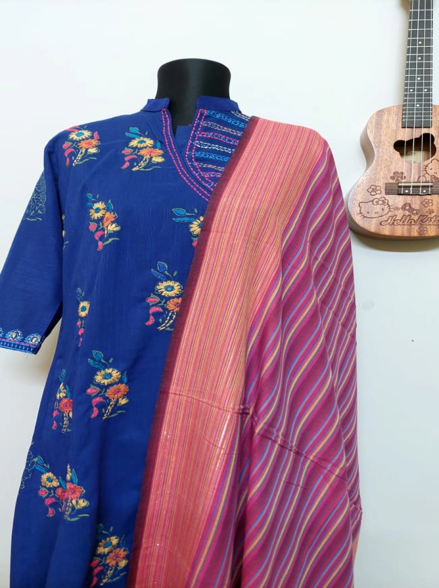 Majestic Royal Blue Angrakha Kurti with Magenta Pinstripe Dupatta