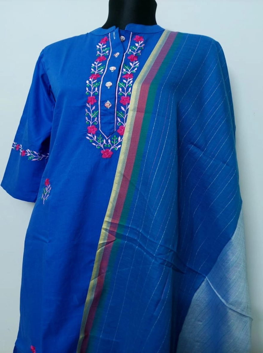 Cobalt Grace Floral Yoke Kurti with Textured Dupatta