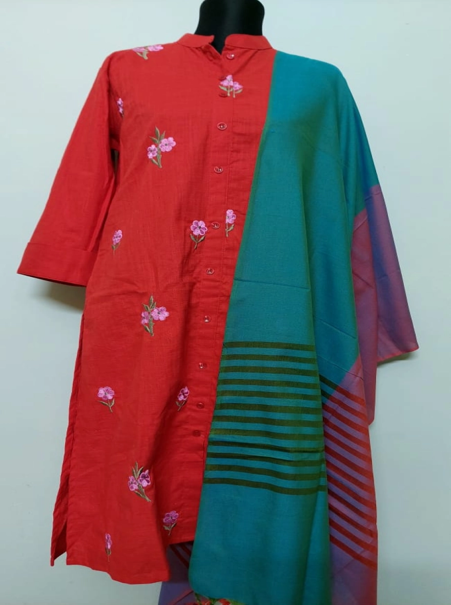 Sapphire Teal Floral Embroidered Kurti with Striped Silk-Finish Dupatta