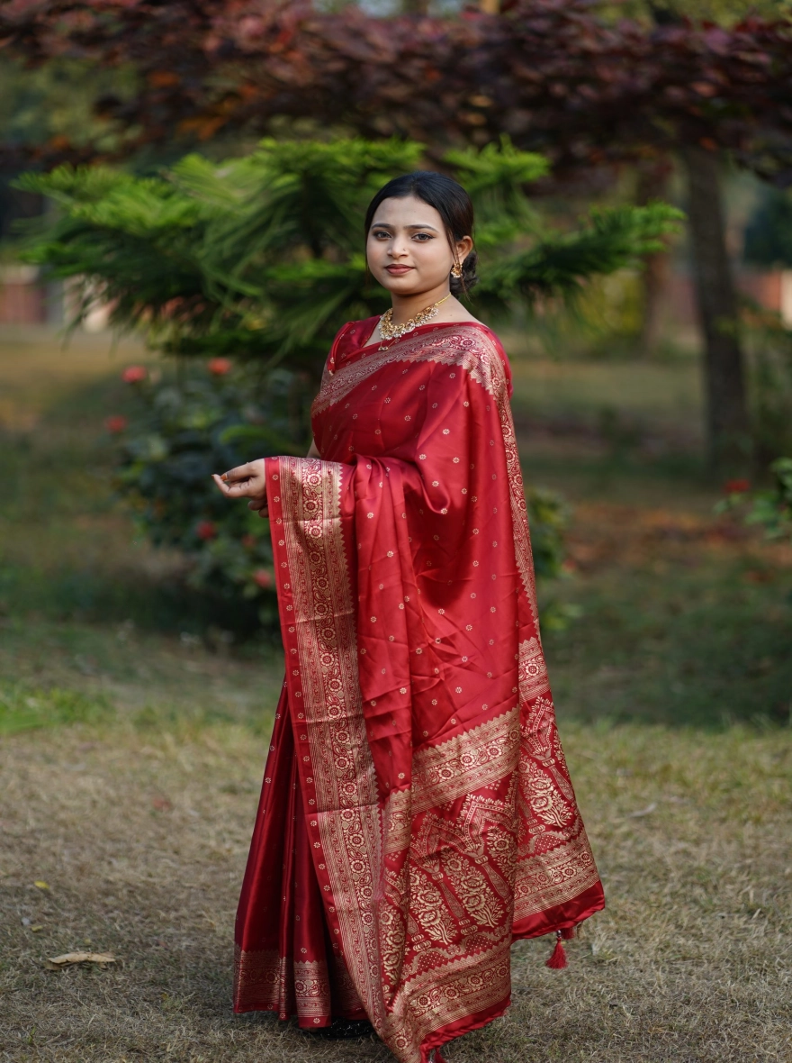 Premium Japanese Silk Jam Color Saree with Screen Print