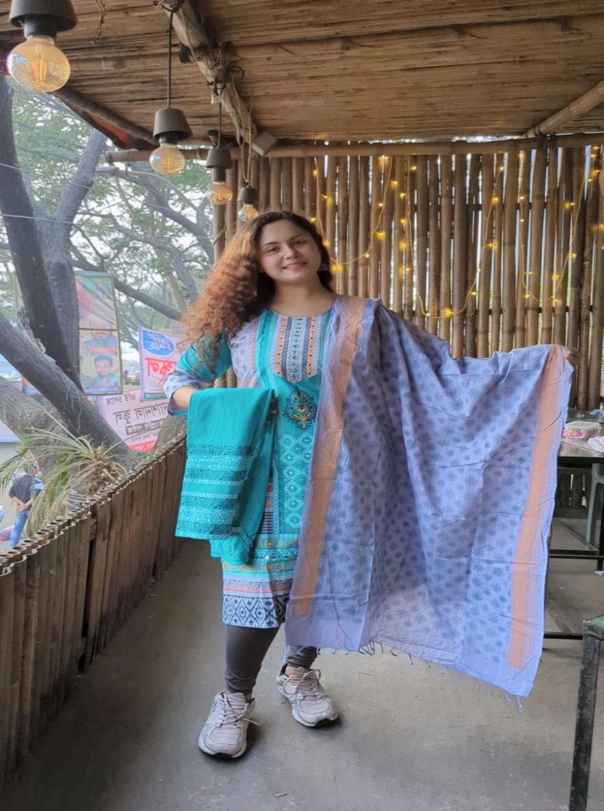 Serene Teal Aarong Cotton Readymade Three-Piece with Lavender Orna