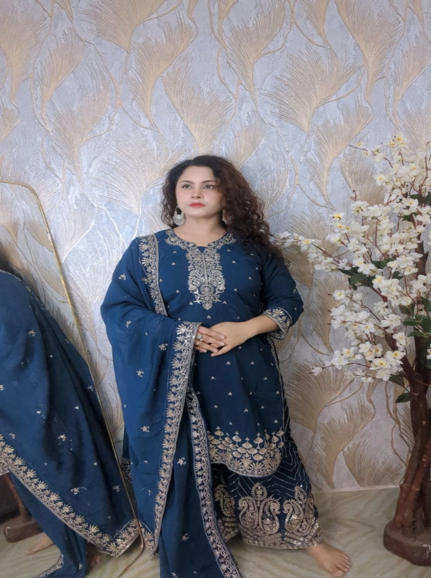 Deep Teal Pakistani Design Premium Georgette Readymade Three-Piece