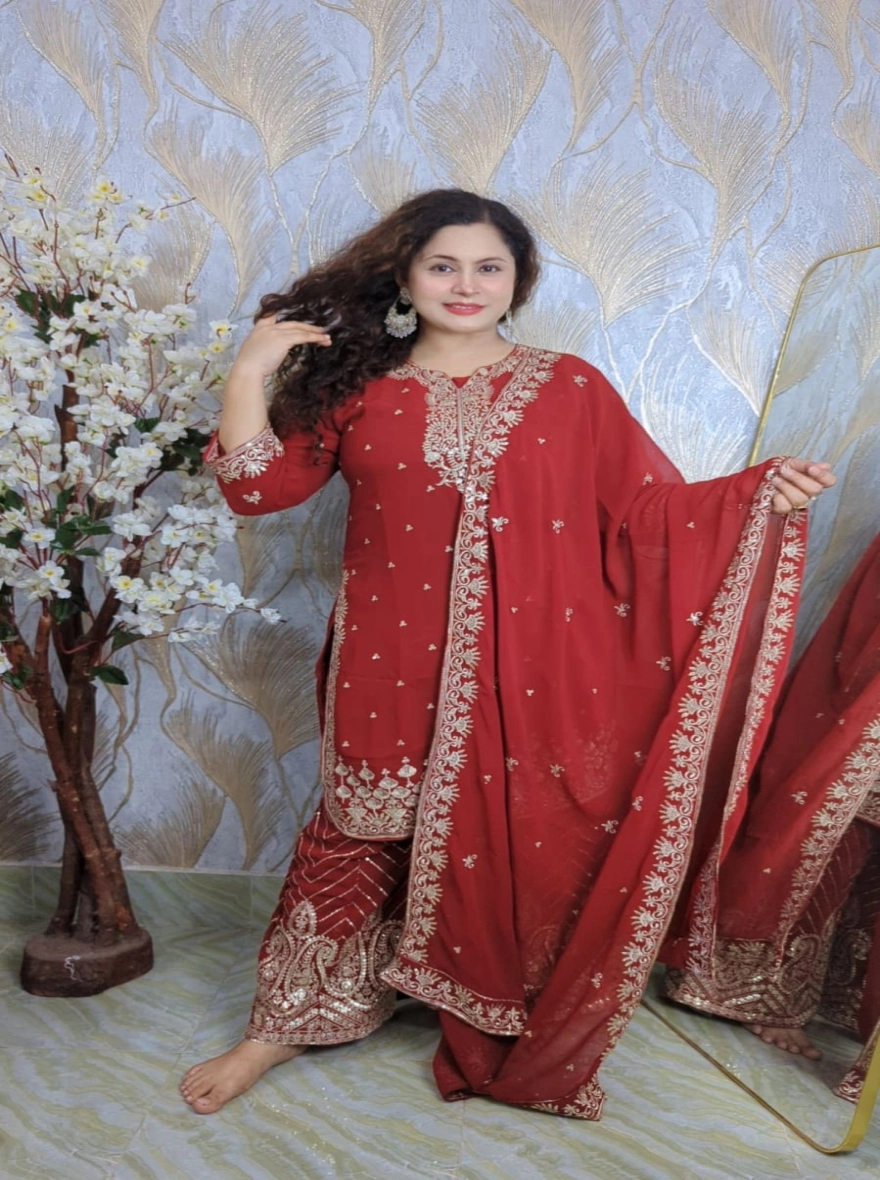 Ruby Red Pakistani Design Premium Georgette Readymade Gharara Set