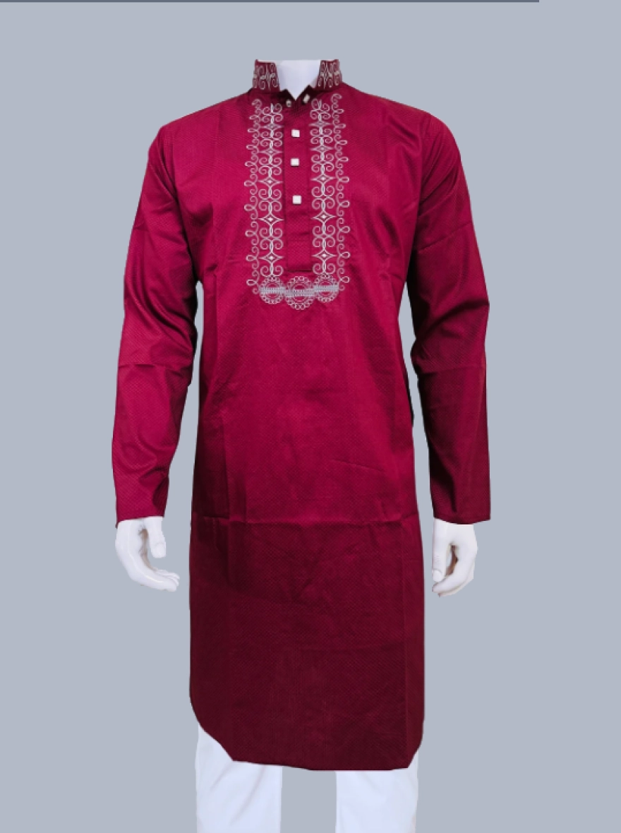 Merun Glossy Embroidered Cotton Slim Fit Panjabi for Men – Premium Maroon Shade, Elegant Traditional Ethnic Wear, Festive Wedding Outfit, Designer Kurta for Cultural Events, Party Wear, and Special Occasions