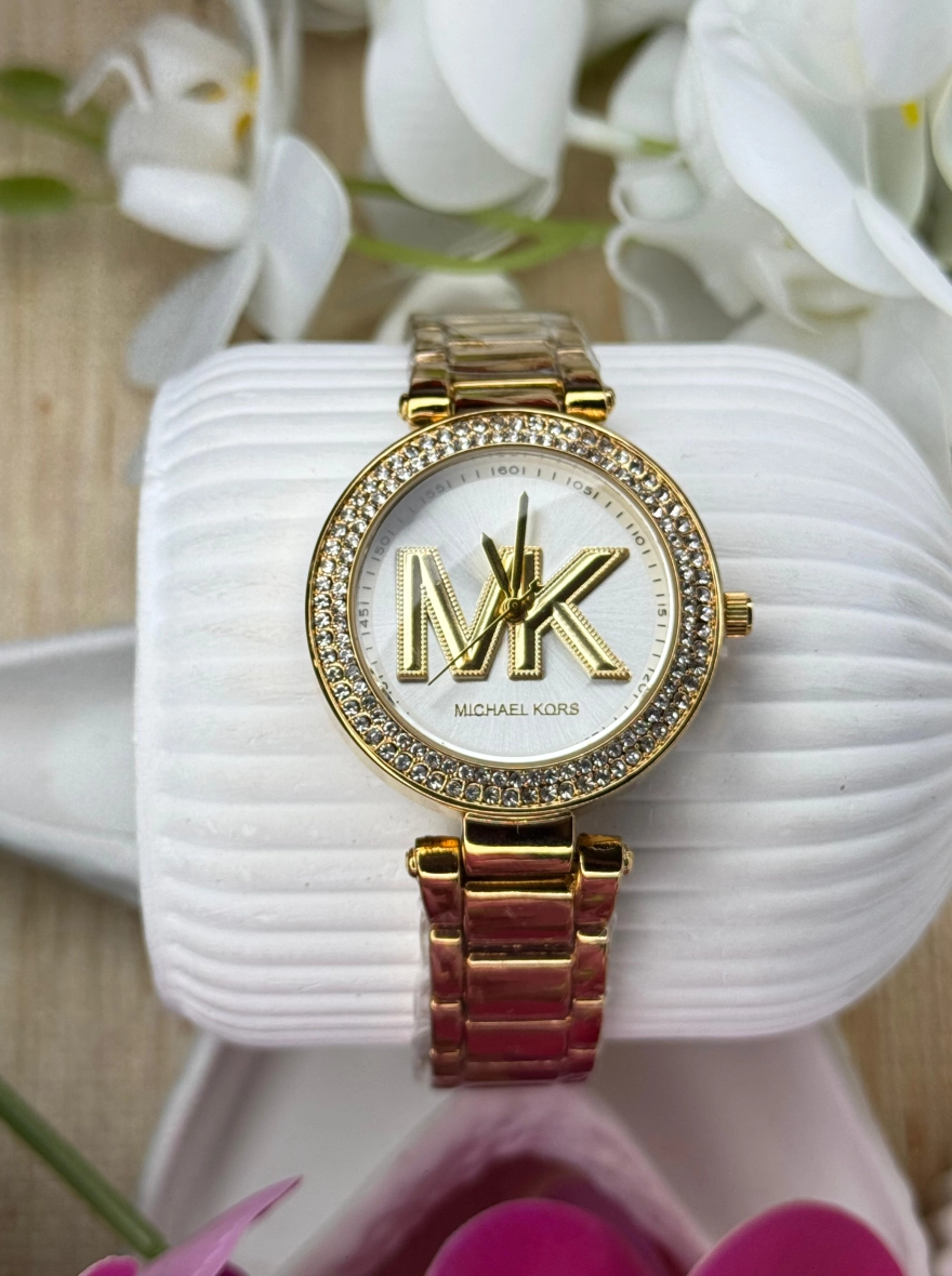 Michael Kors Mid-Sized Pavé Logo Gold-Tone Bracelet Watch