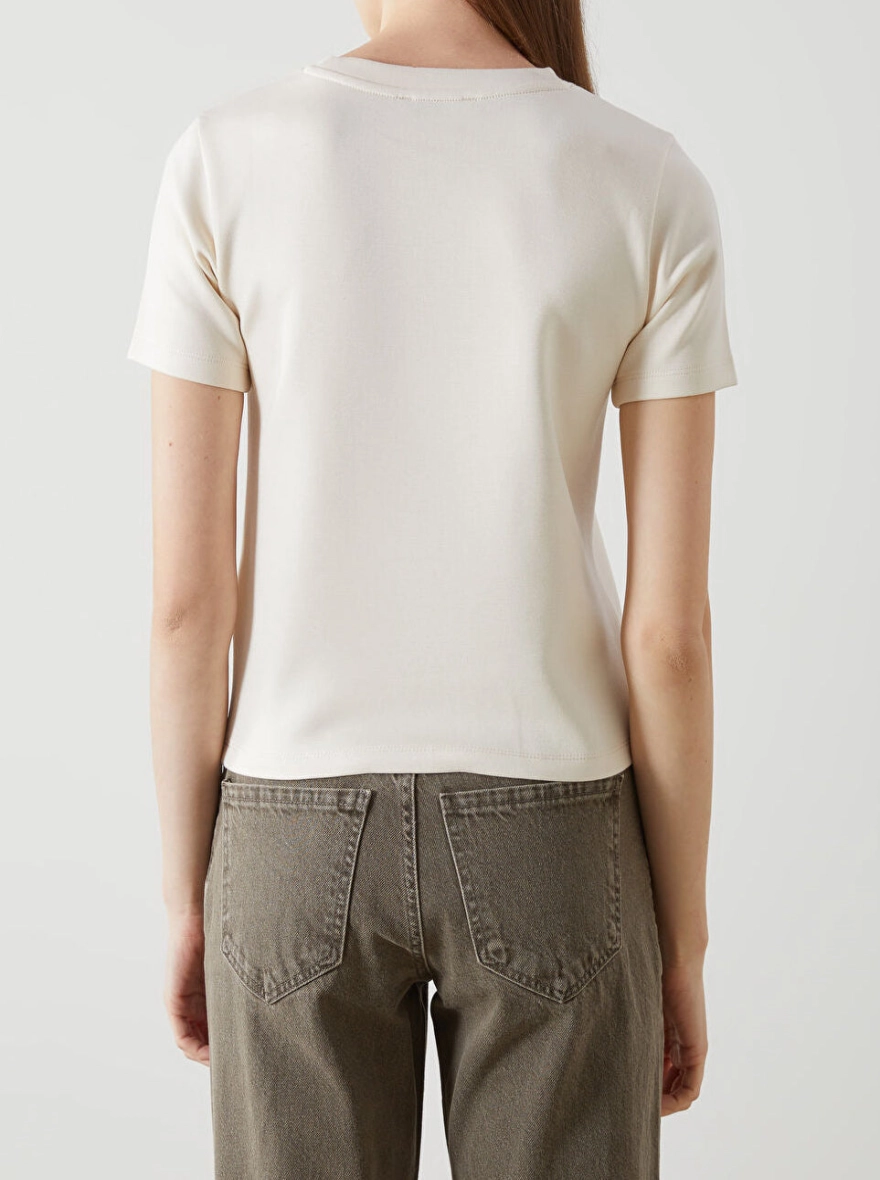 NEVER COME Crew Neck Printed Women's T-shirt-BEIGE