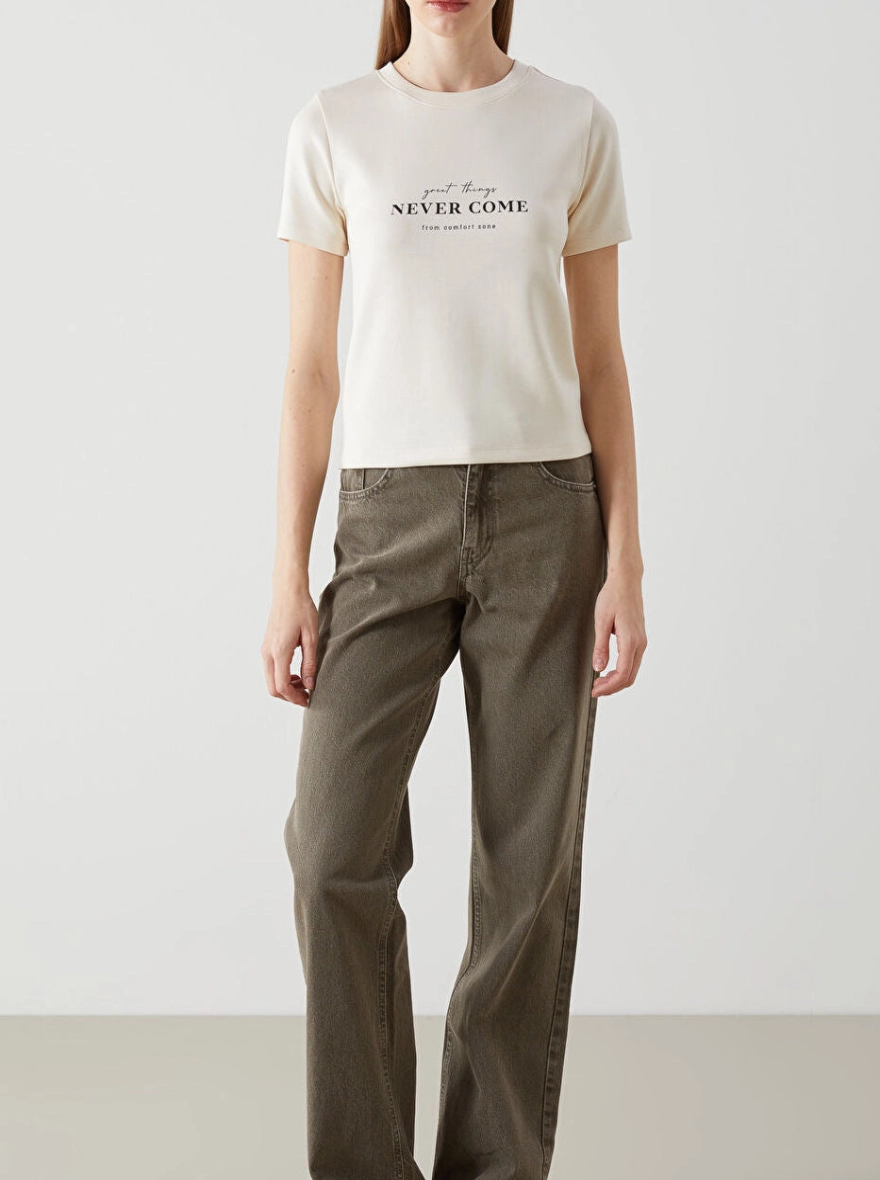 NEVER COME Crew Neck Printed Women's T-shirt-BEIGE