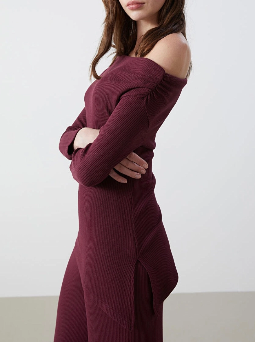 Slash Neck Ribbed Bodycon Top | Plum