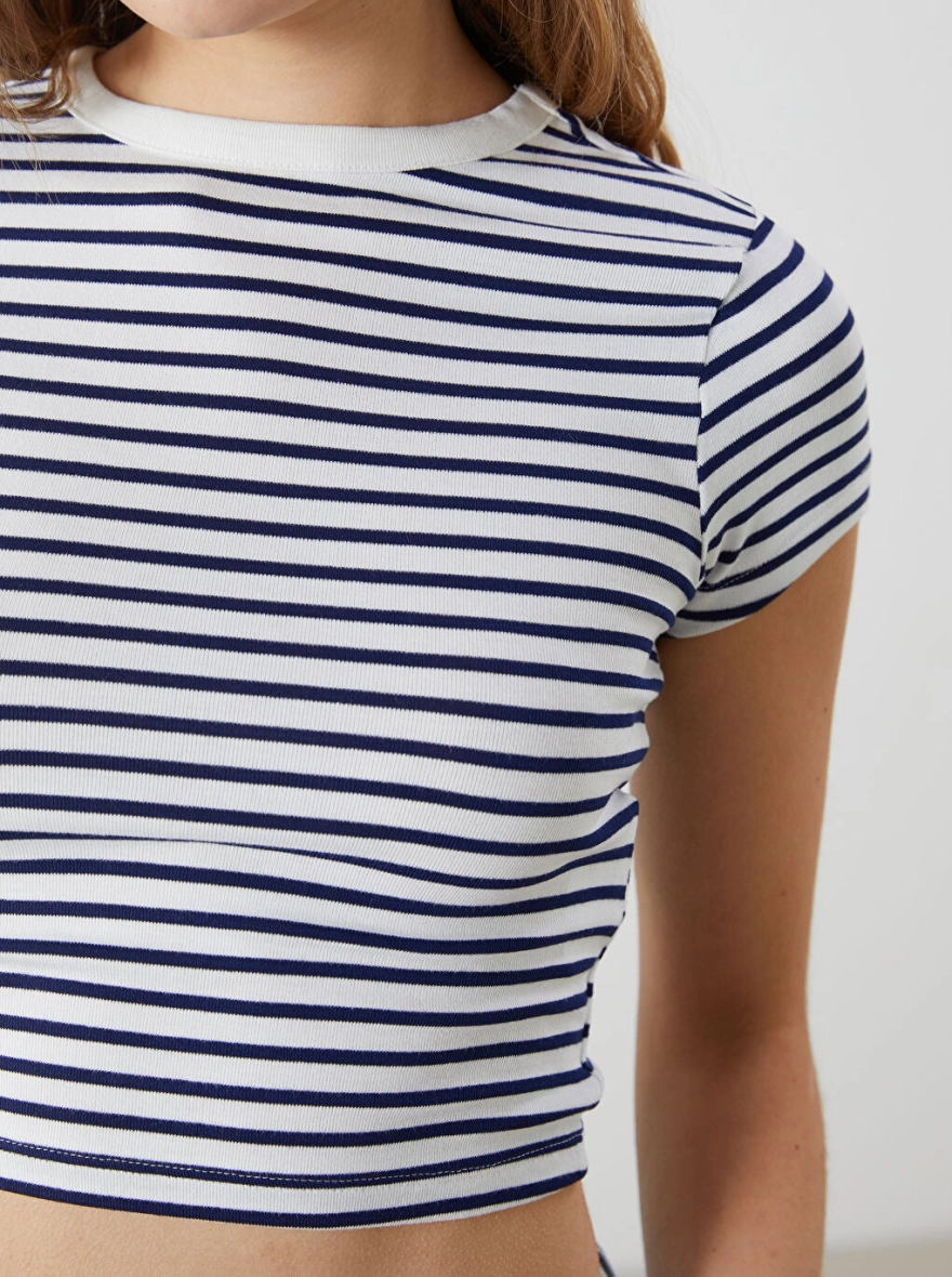 Crew Neck Striped Women's Tops | White and Navy Blue