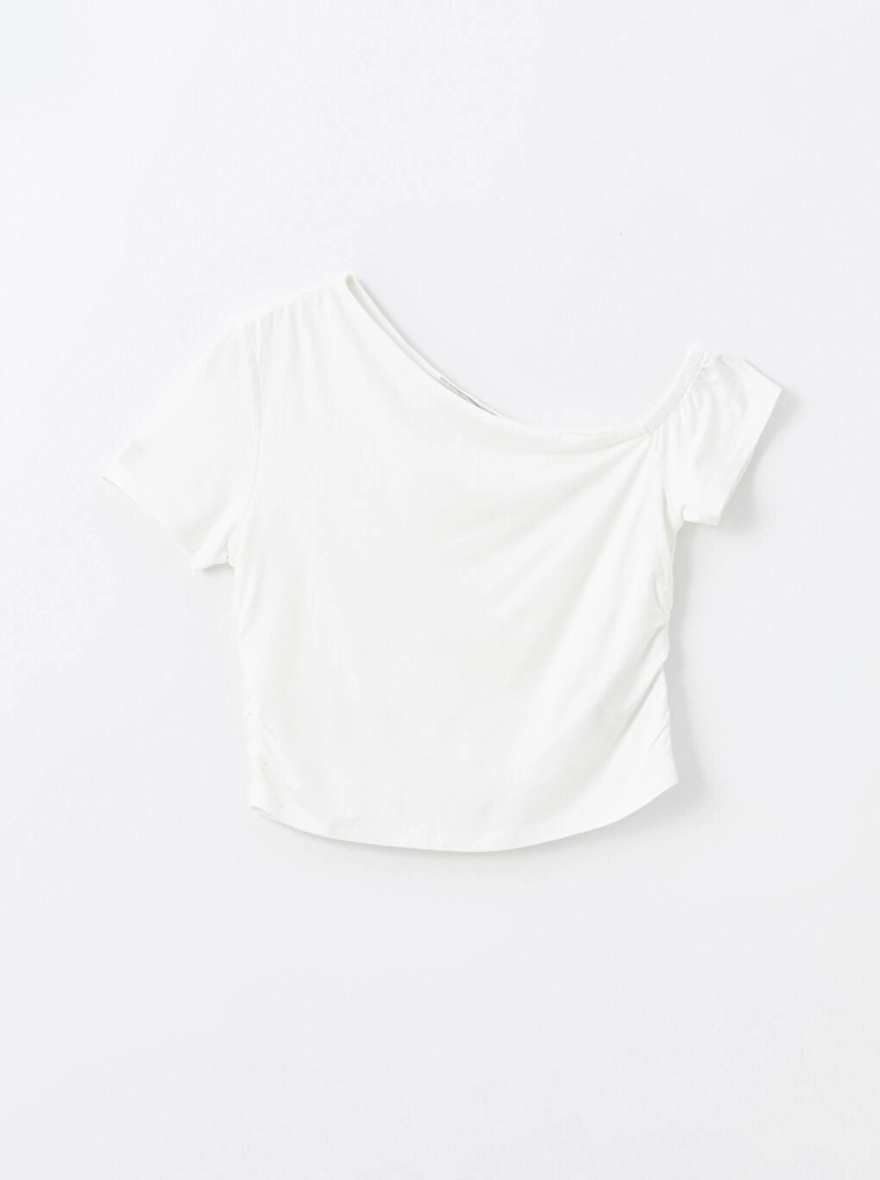 Slash Neck Plain Short Sleeve Crop Tops | White