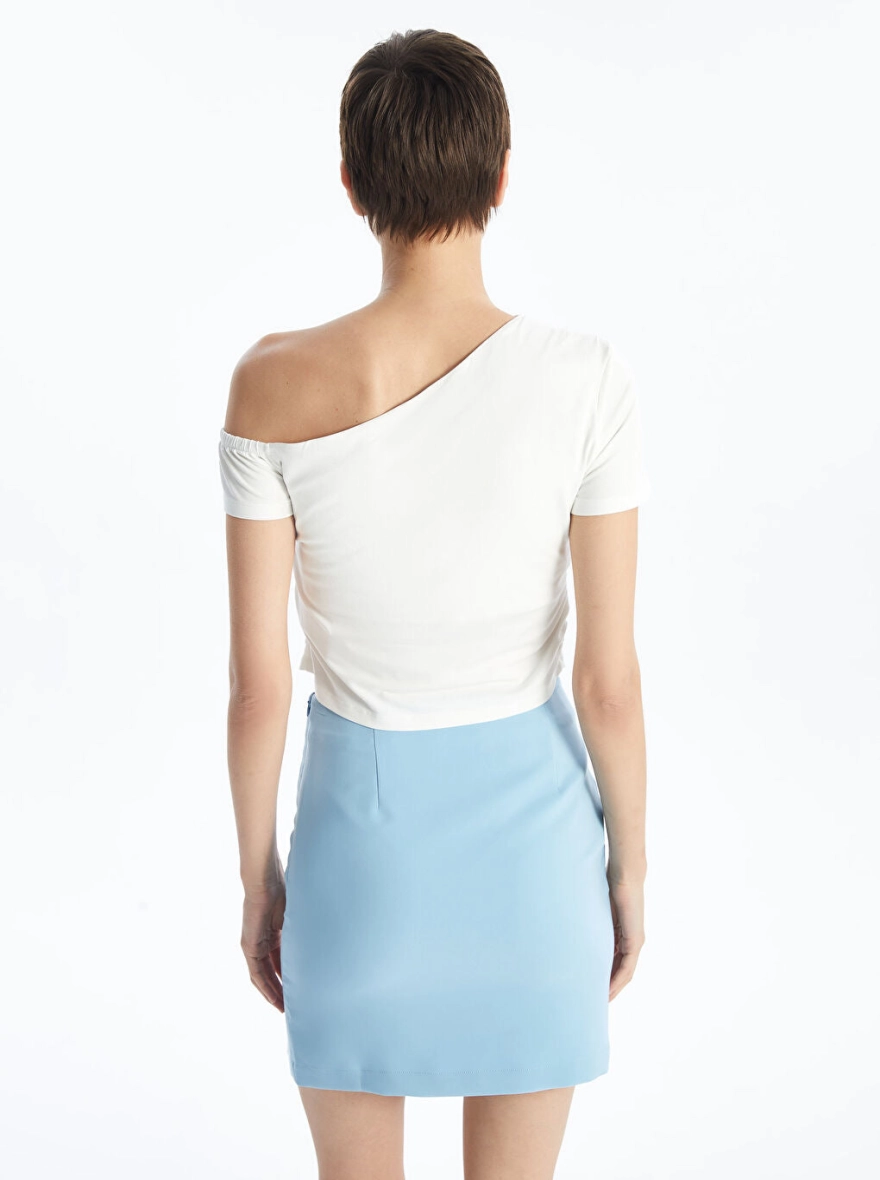 Slash Neck Plain Short Sleeve Crop Tops | White