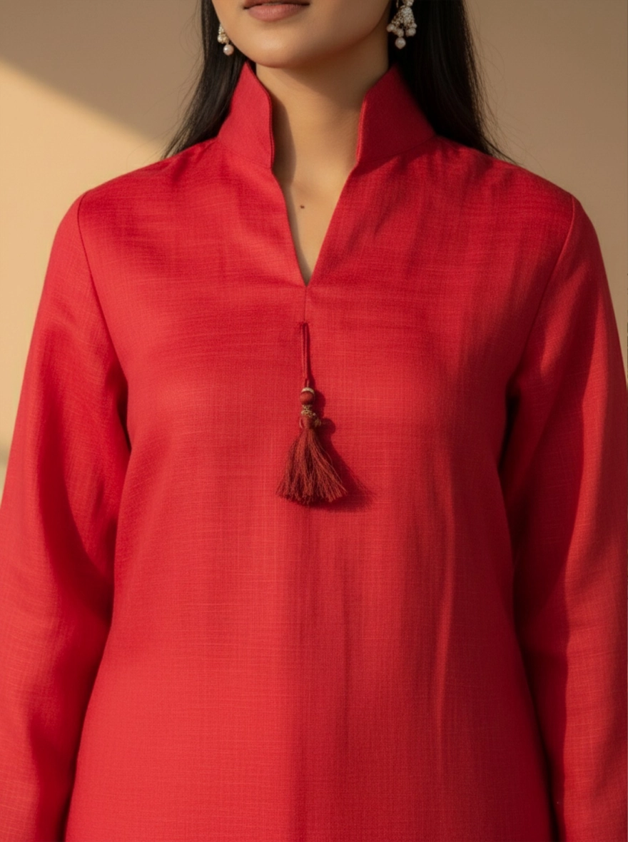 Surkh – Premium Red Tassel Kurti with Embroidered Farshi Pants