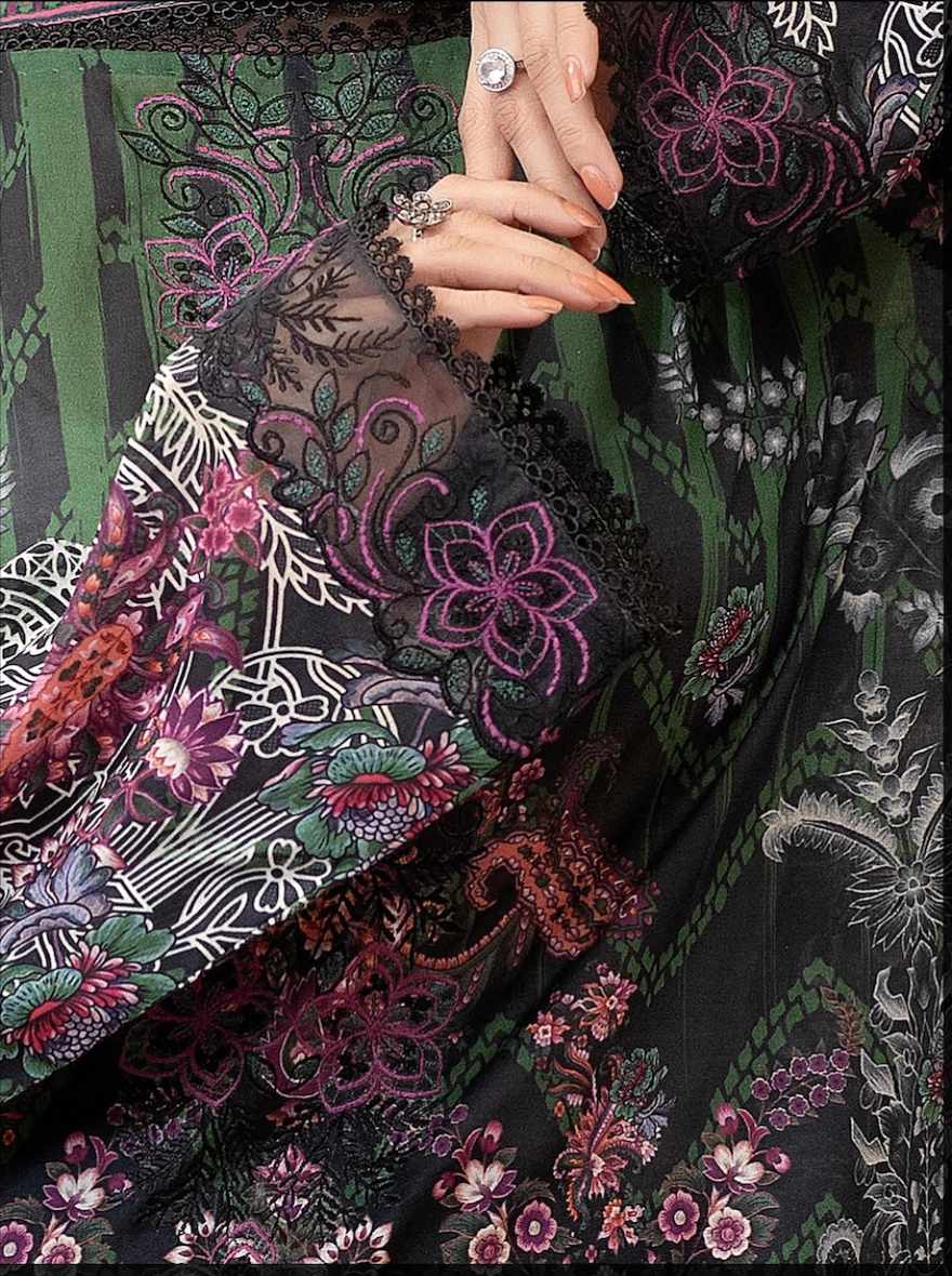 Pakistani Morja by Gulljee – Unstitched 3 Piece Emb Charcoal & Forest Green Floral-unstitched