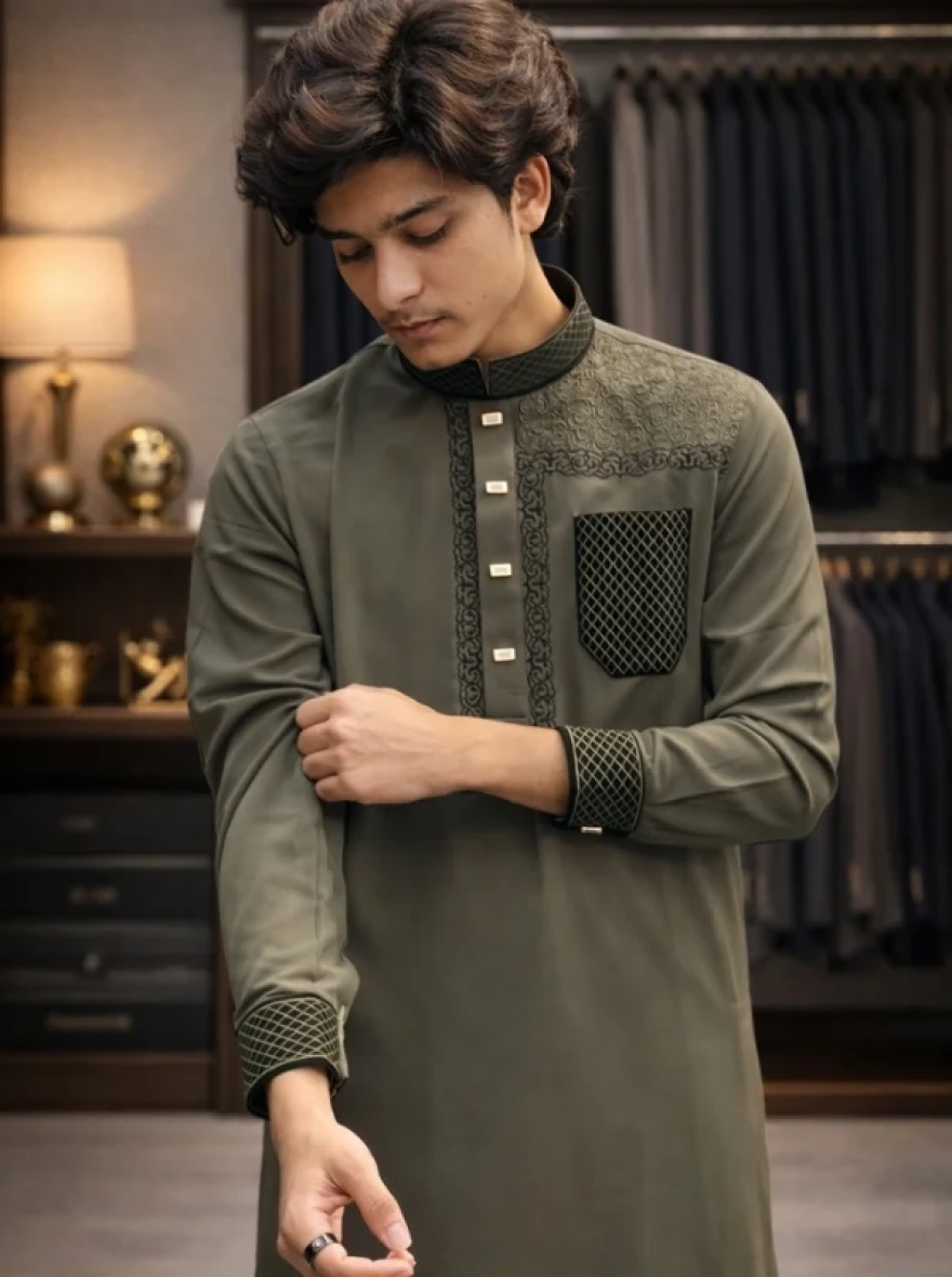 Emerald Forest Premium Cotton Embroidery Panjabi