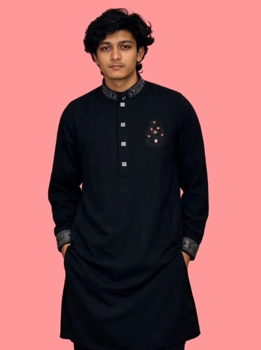 Midnight Charcoal Premium Cotton Embroidery Panjabi