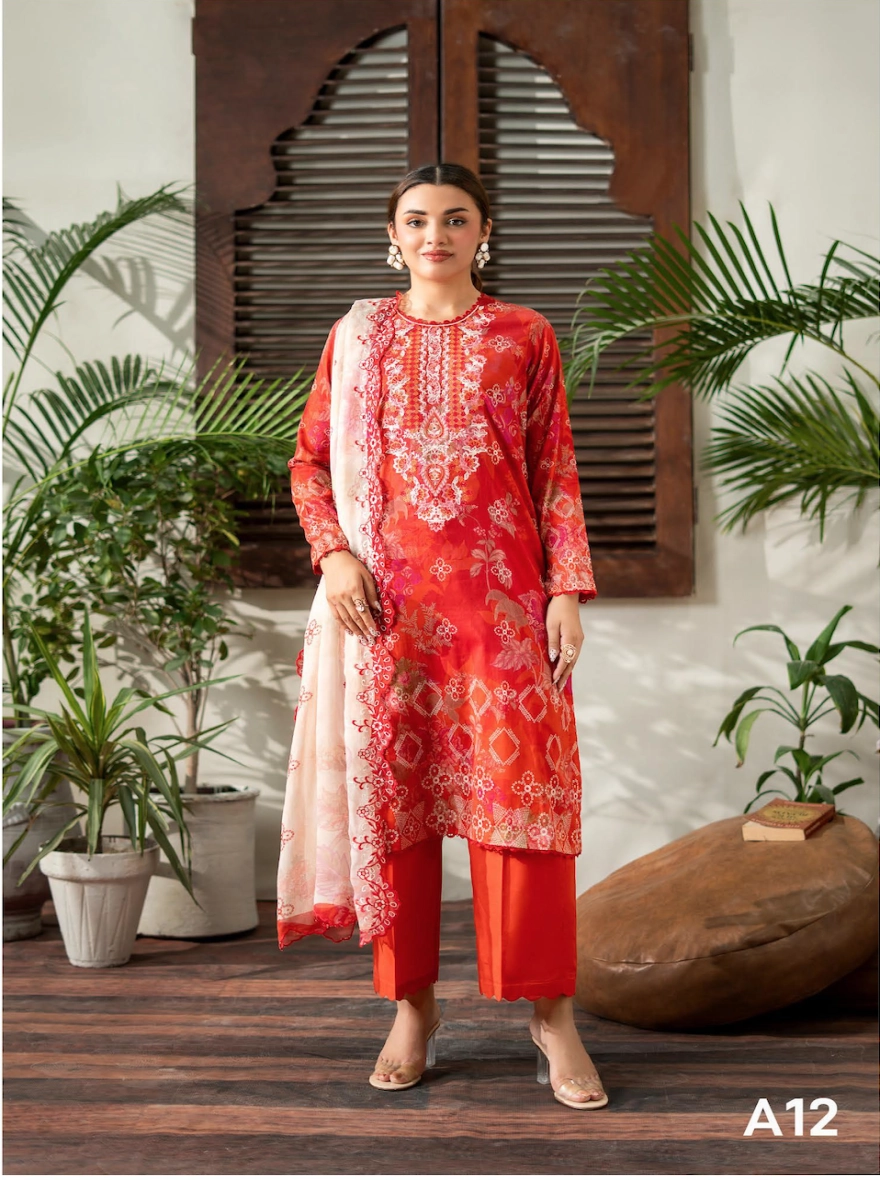  Pakistani RangPasand by Gulljee Embroidered 3-Piece- Crimson Red-unstitched