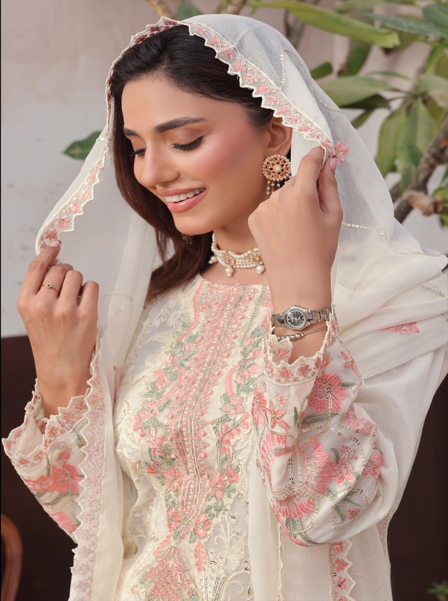 Pakistani Amsaal by Bin Hamid Embroidered Chiffon 3-Piece Suit-Ivory Petal-unstitched