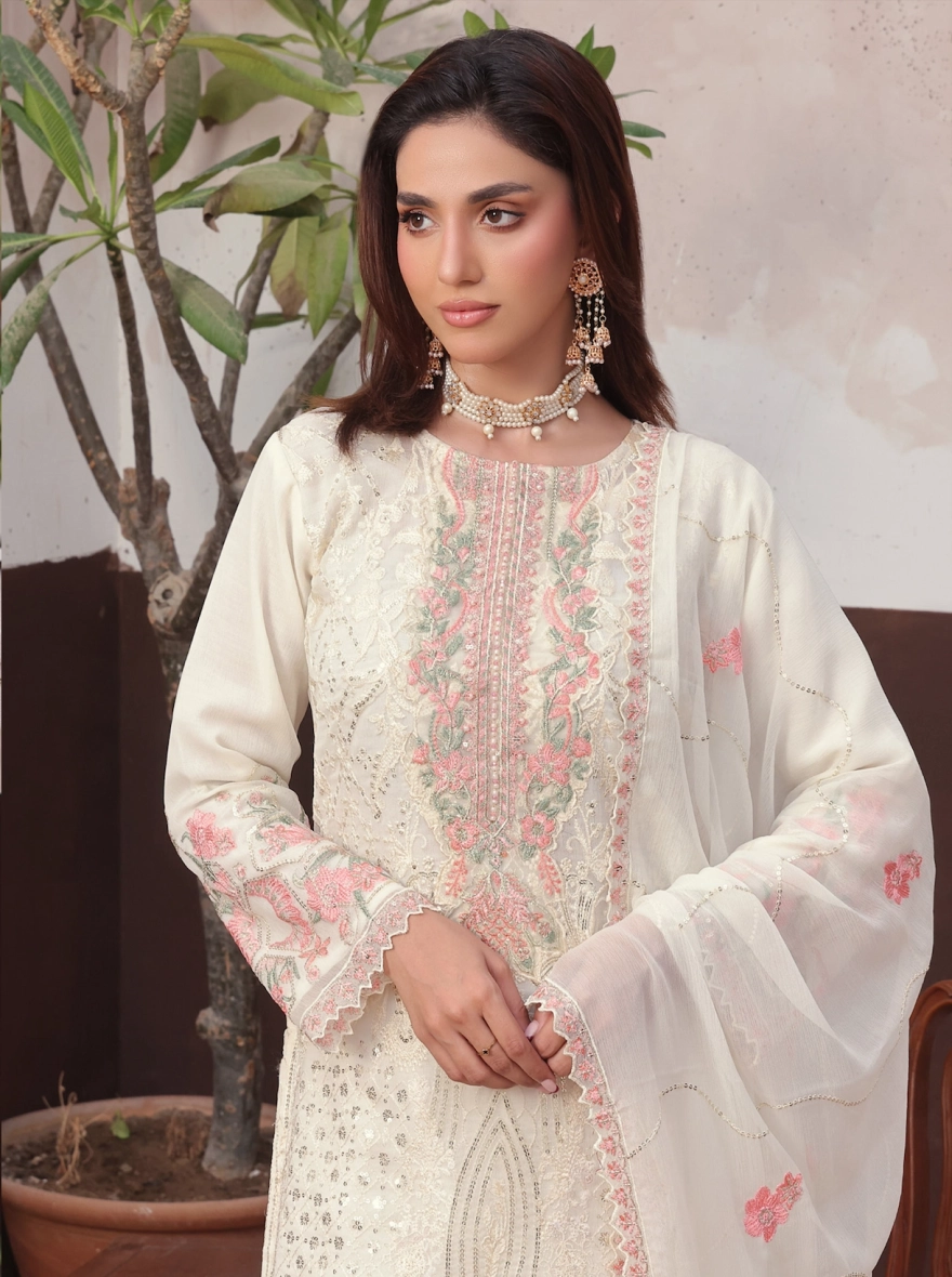 Pakistani Amsaal by Bin Hamid Embroidered Chiffon 3-Piece Suit-Ivory Petal-unstitched