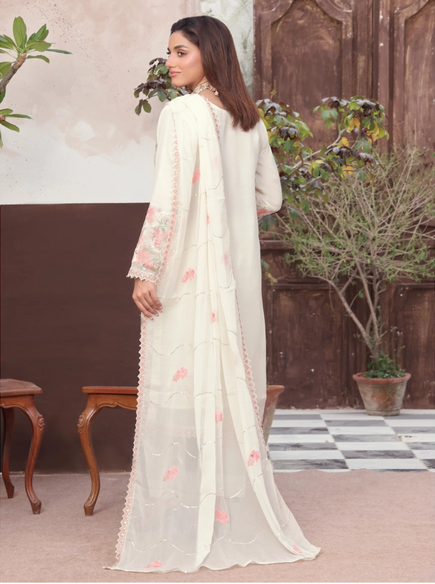 Pakistani Amsaal by Bin Hamid Embroidered Chiffon 3-Piece Suit-Ivory Petal-unstitched