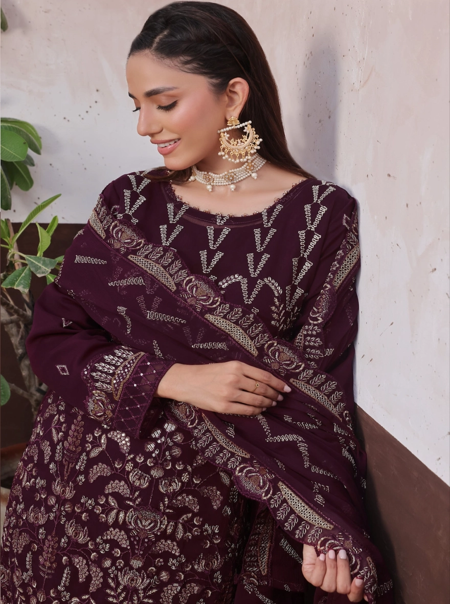 Pakistani Amsaal by Bin Hamid  Embroidered Chiffon 3-Piece Suit-Velvet Wine -unstitched