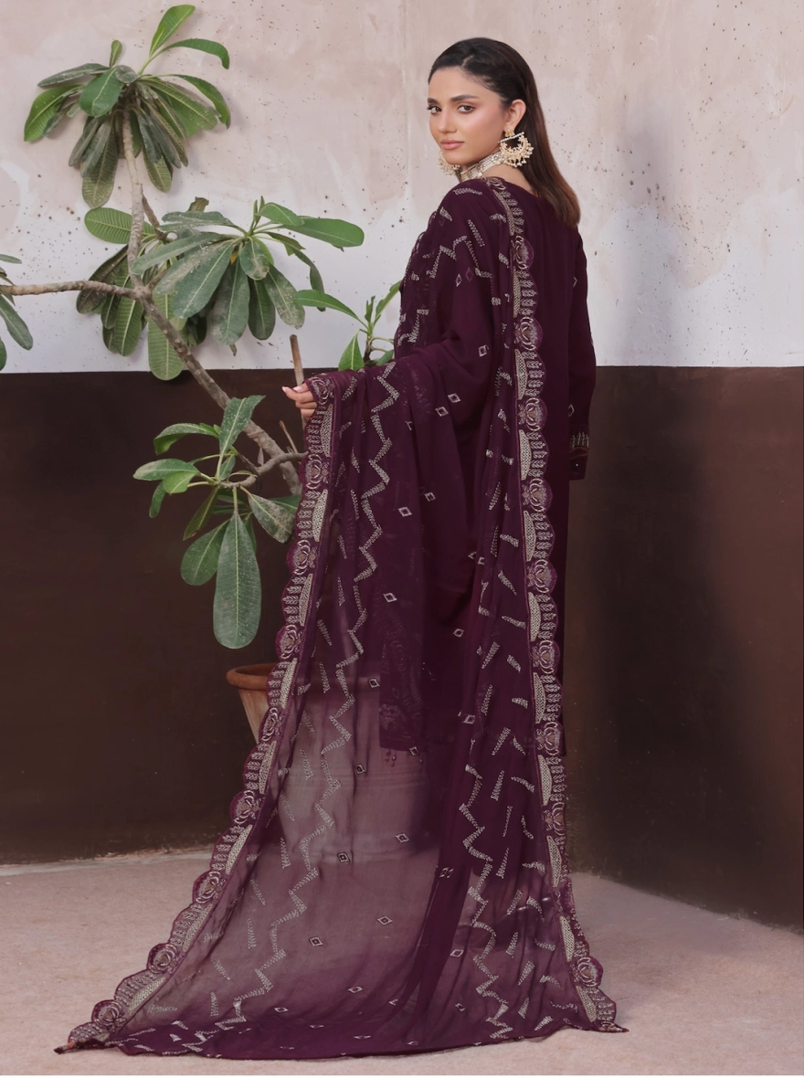 Pakistani Amsaal by Bin Hamid  Embroidered Chiffon 3-Piece Suit-Velvet Wine -unstitched