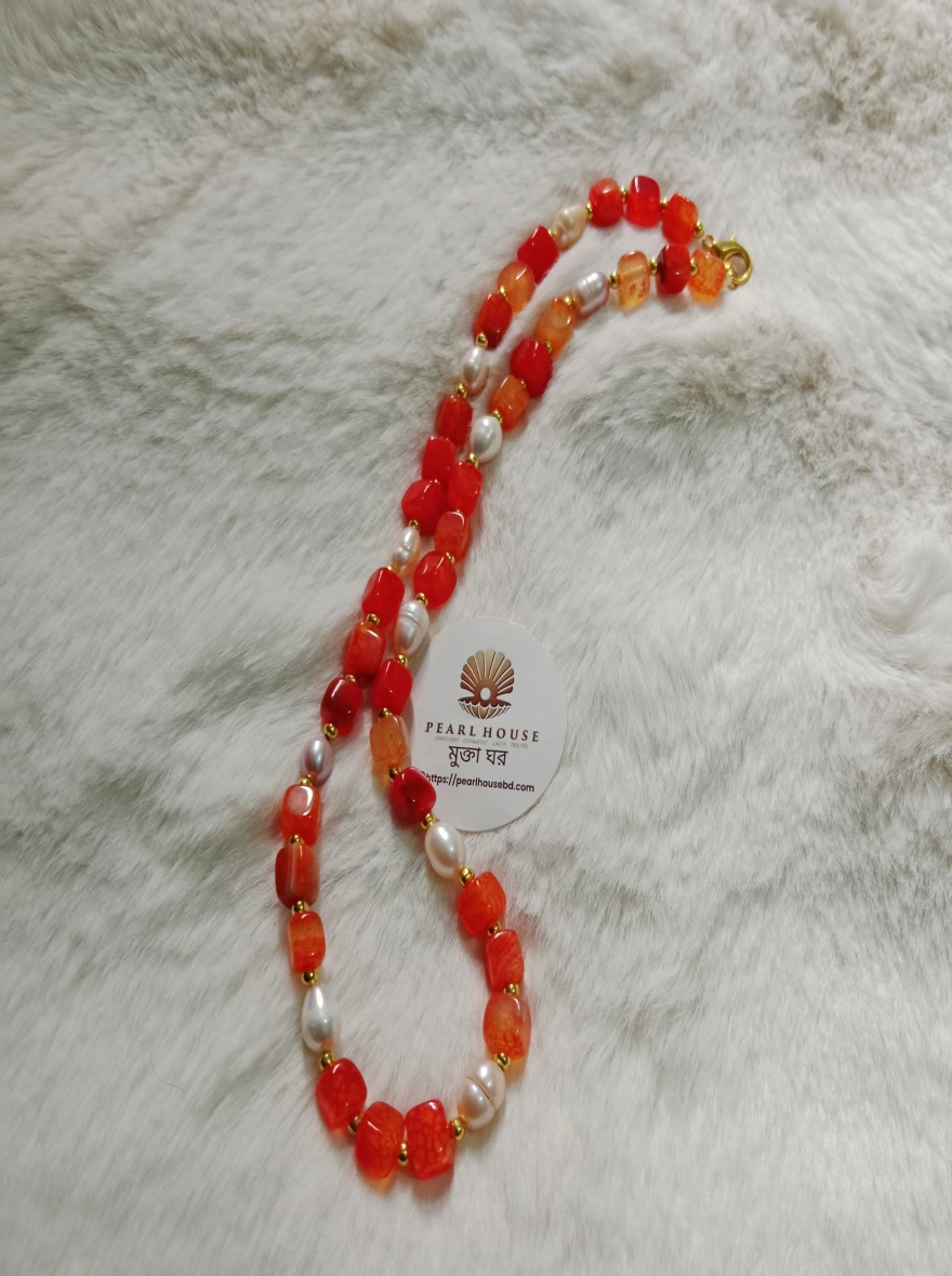 Original Pearl & Orange Colour Original Stone Combination Necklace 