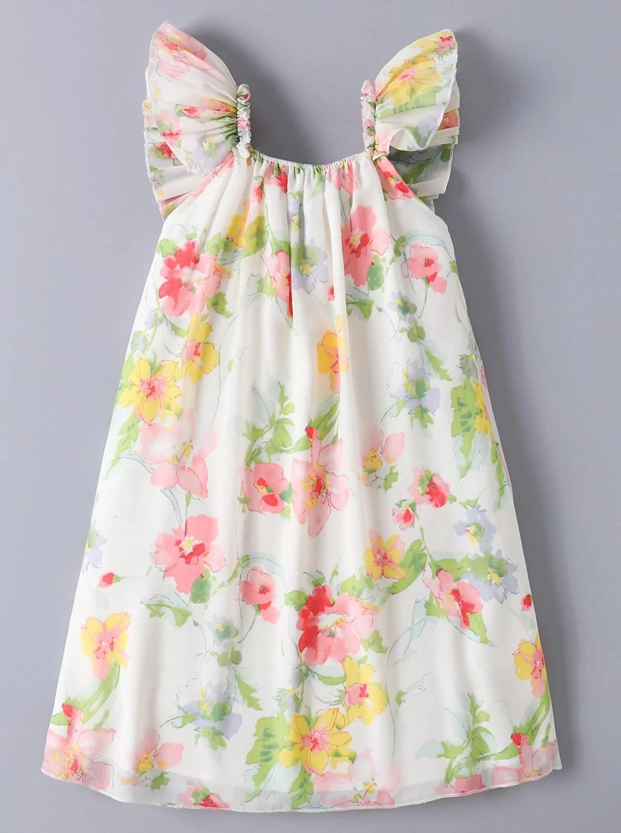 Blossom Breeze Frill-Sleeve Premium Floral Frock