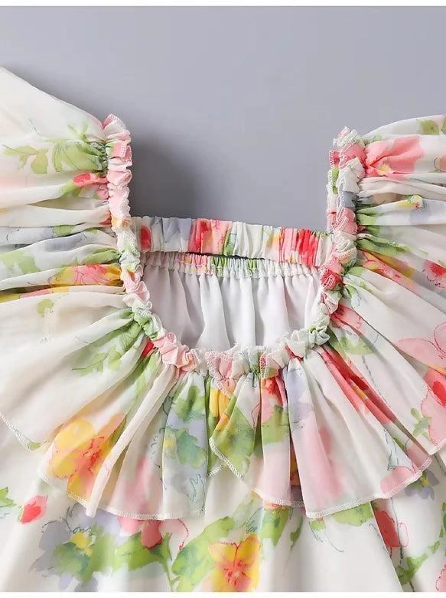 Blossom Breeze Frill-Sleeve Premium Floral Frock
