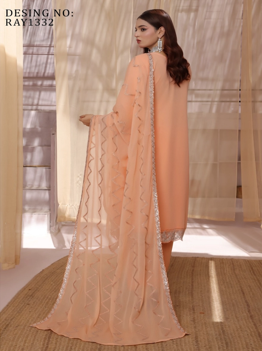 Pakistani Ronaq by Bin Hamid Embroidered Chiffon 3-Piece Suit-Ivory Petal-unstitched