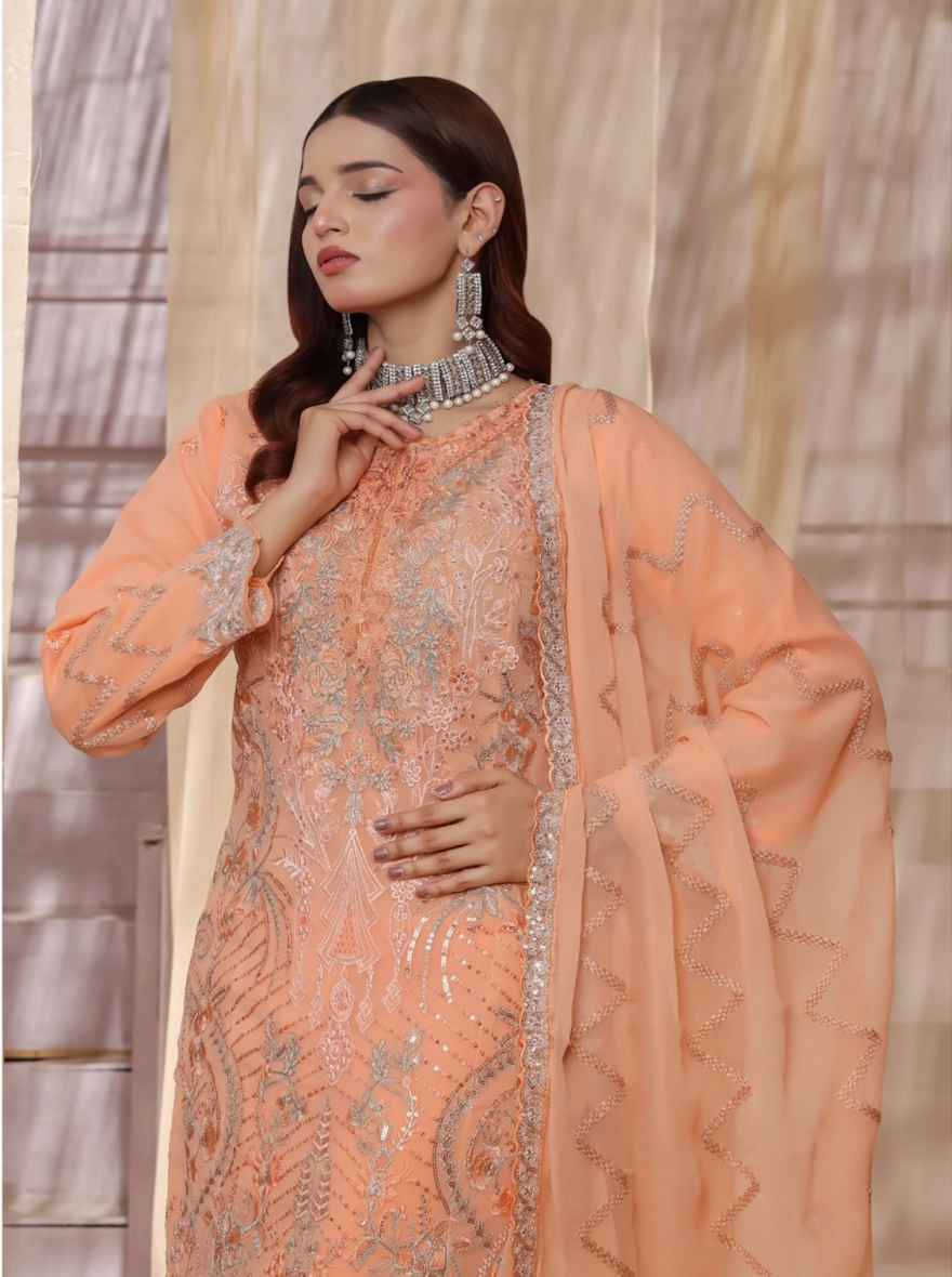 Pakistani Ronaq by Bin Hamid Embroidered Chiffon 3-Piece Suit-Ivory Petal-unstitched