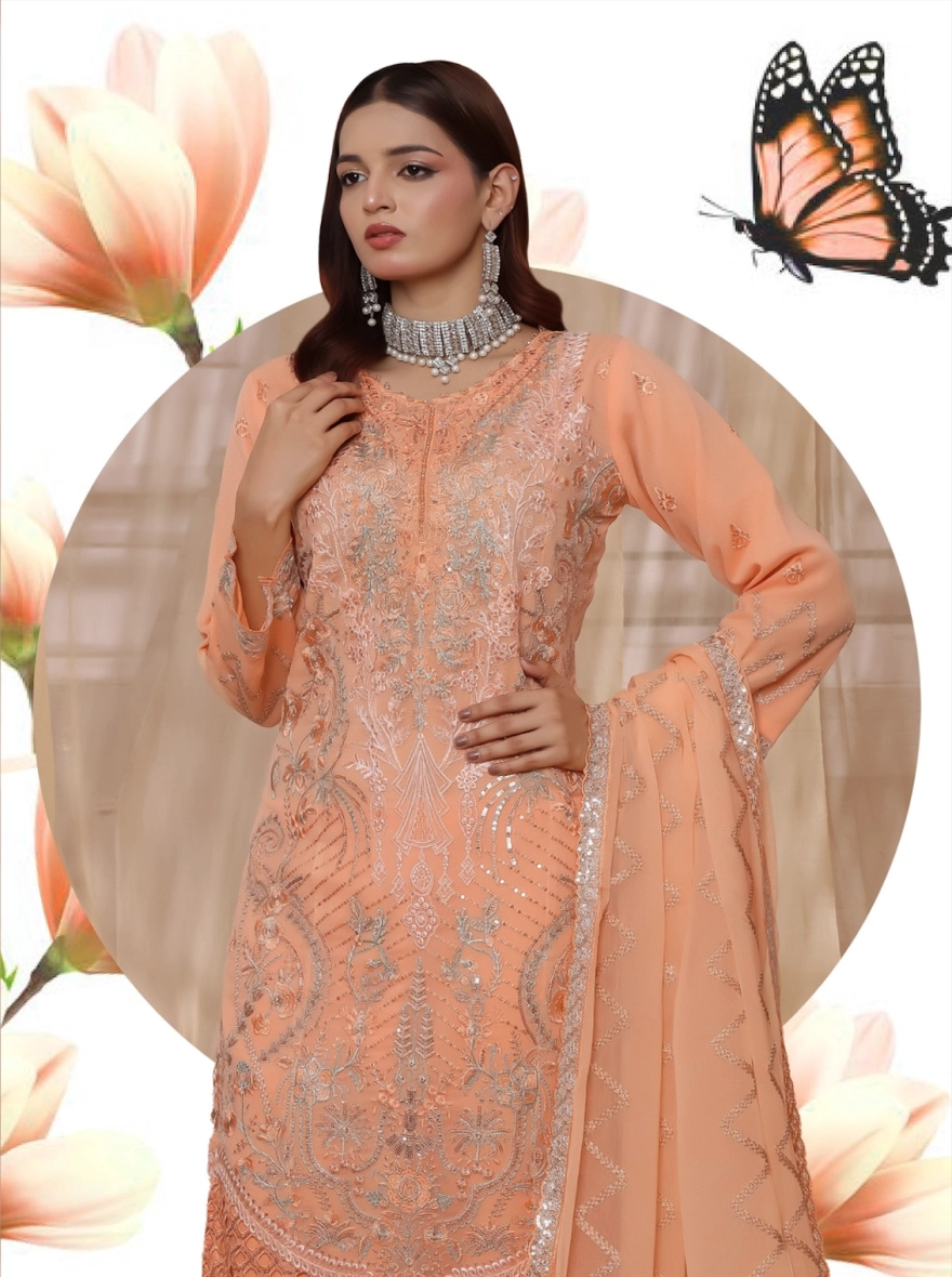 Pakistani Ronaq by Bin Hamid Embroidered Chiffon 3-Piece Suit-Ivory Petal-unstitched