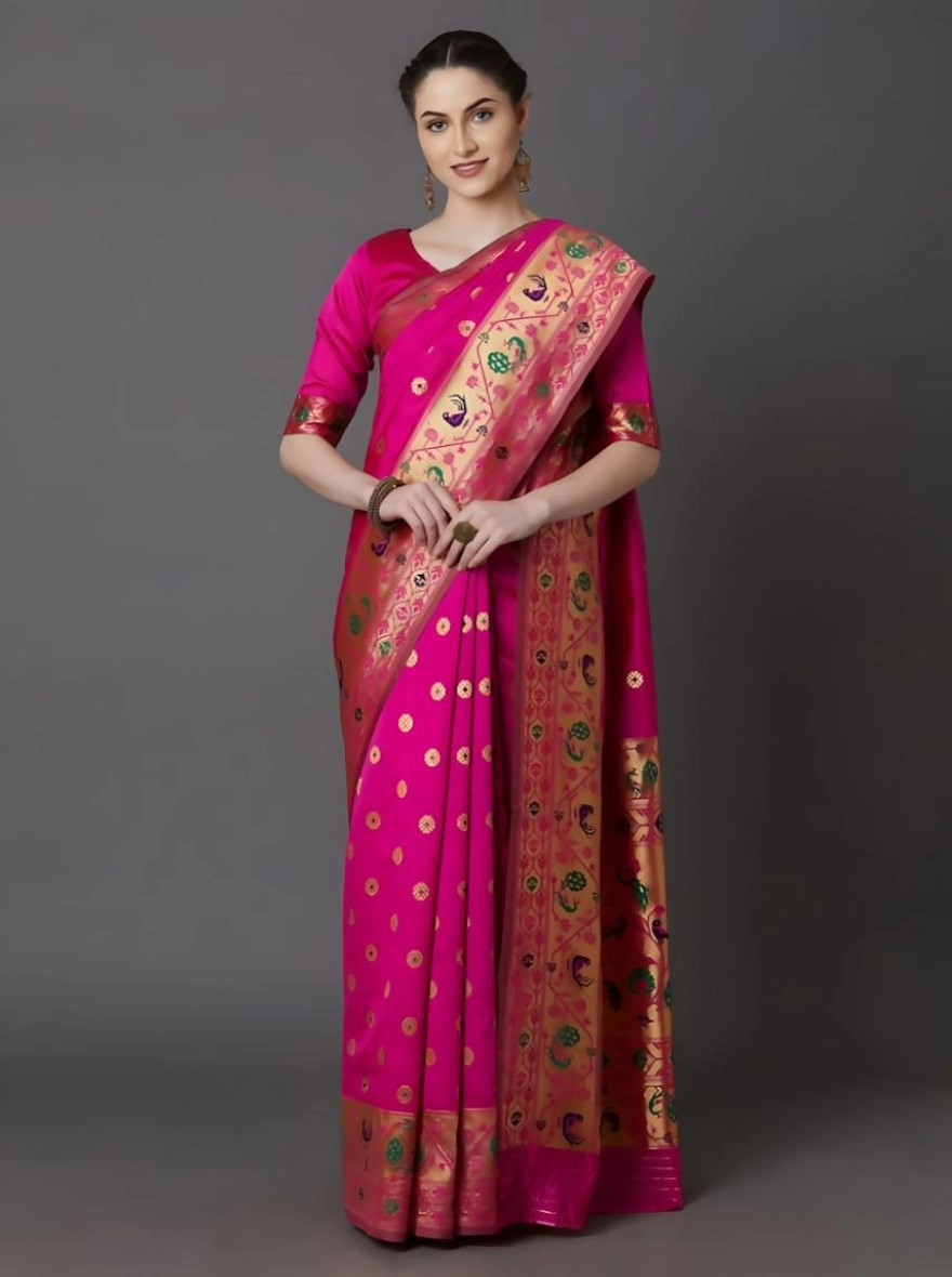 Soft Silk Screen Printed Premium Katan Sharee with Blouse - Hot Pink