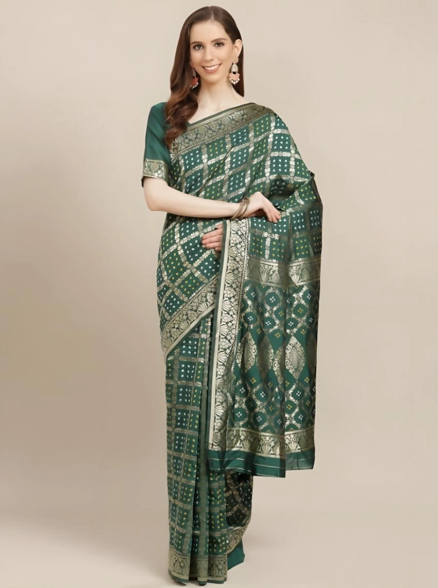 Soft Silk Screen Printed Premium Katan Sharee with Blouse - Green