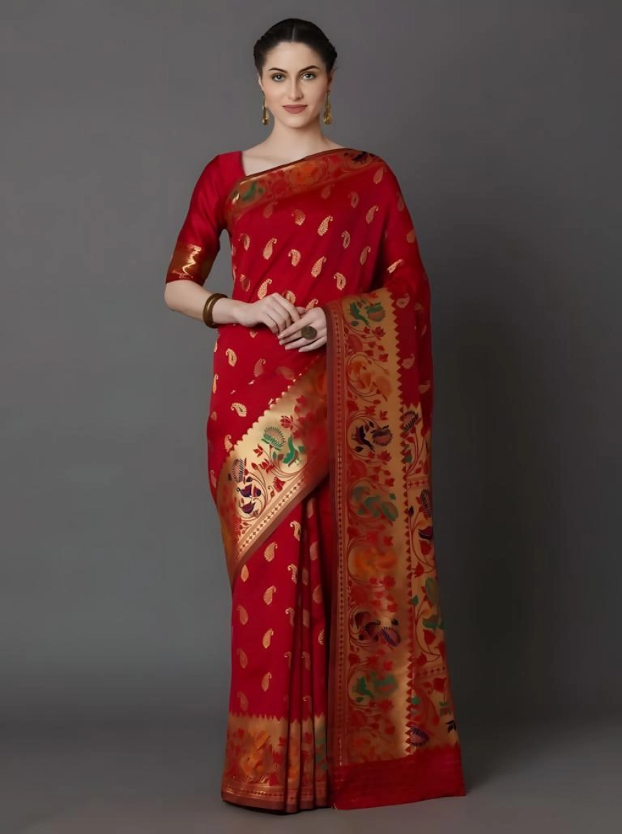 Soft Silk Screen Printed Premium Katan Sharee with Blouse - Paprika