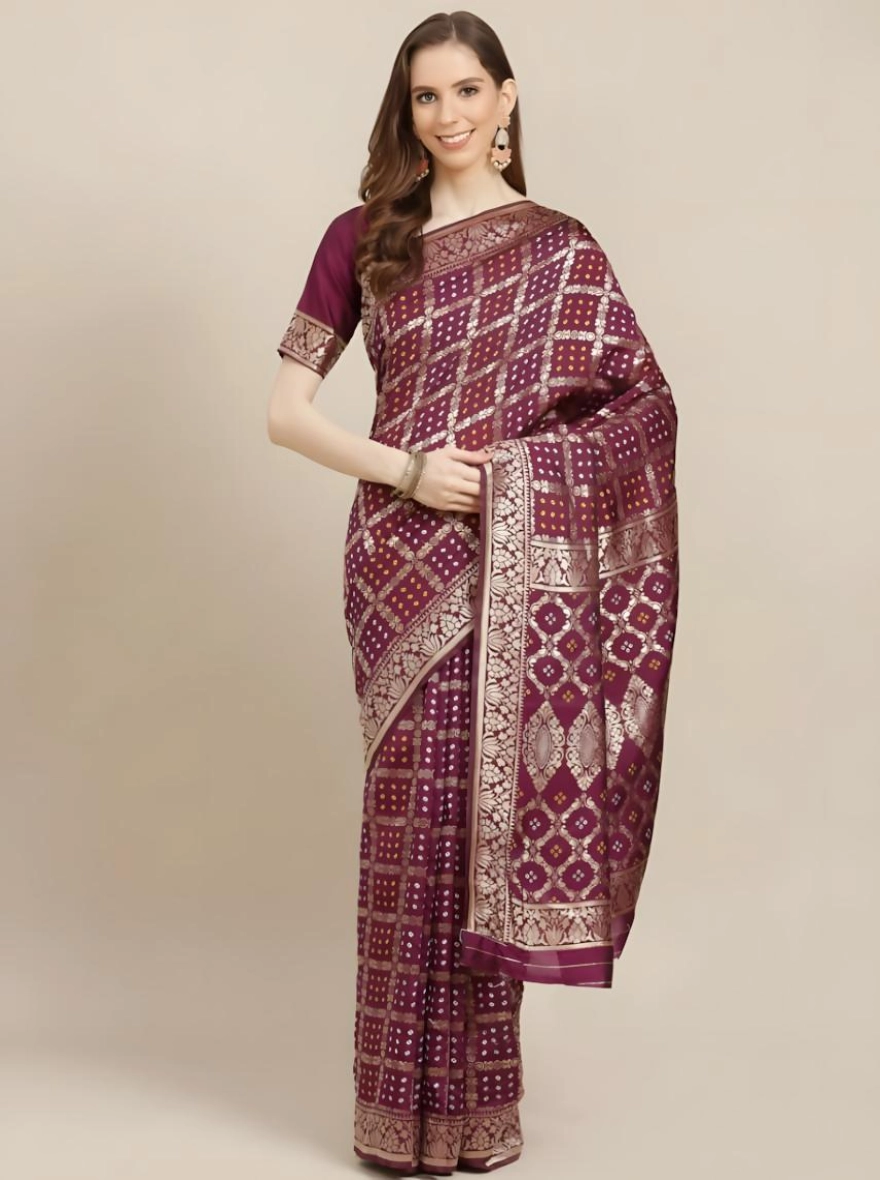 Soft Silk Screen Printed Premium Katan Sharee with Blouse - Purple