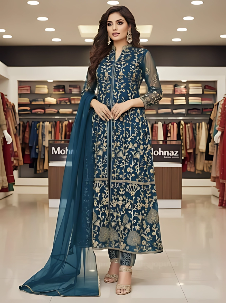 Ready Made Georgette Embroidered Party Dress - Blue