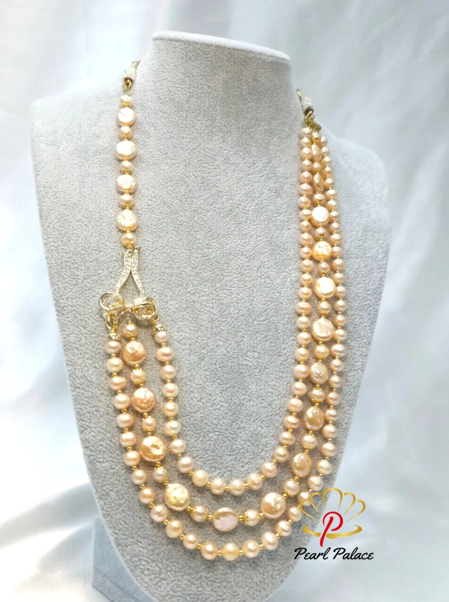 Golden Aura pink round and coin Pearl Necklace