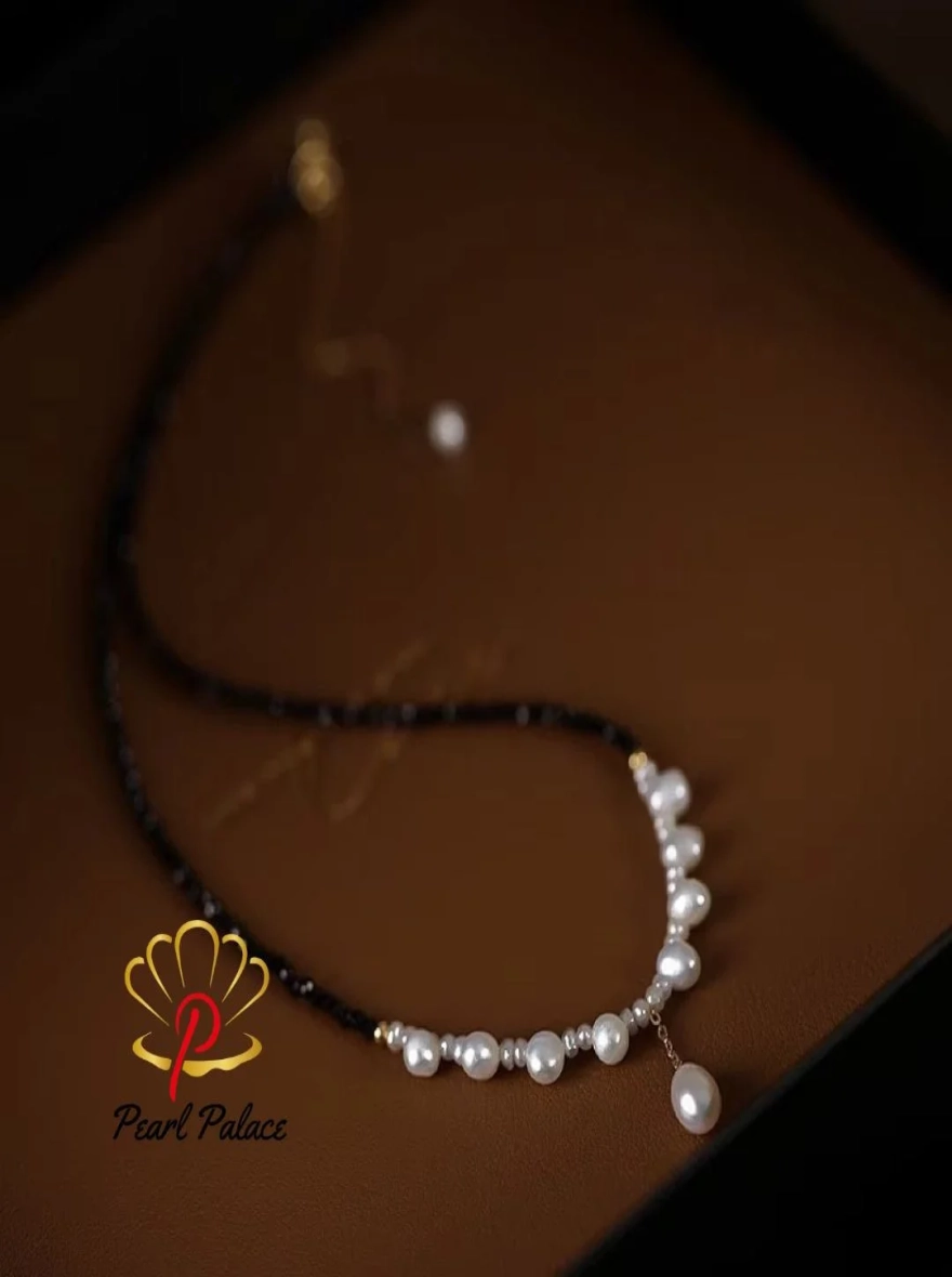 New Arrival Elegant Black Spinel and Natural Freshwater Pearl Necklace for Women – 14K Gold Filled.