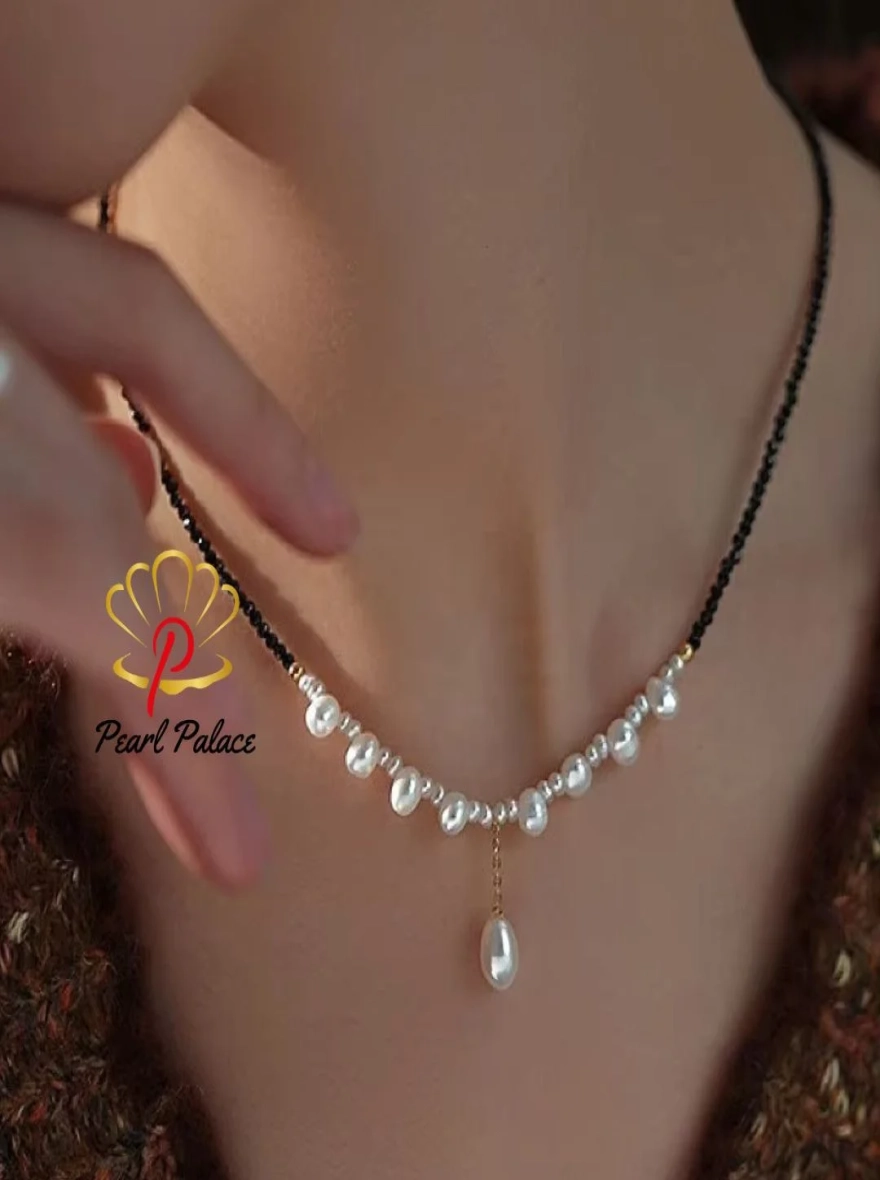 New Arrival Elegant Black Spinel and Natural Freshwater Pearl Necklace for Women – 14K Gold Filled.
