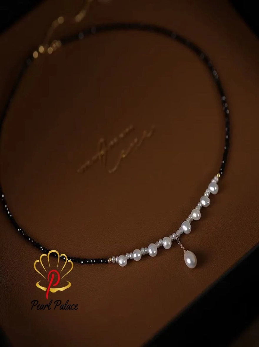 New Arrival Elegant Black Spinel and Natural Freshwater Pearl Necklace for Women – 14K Gold Filled.