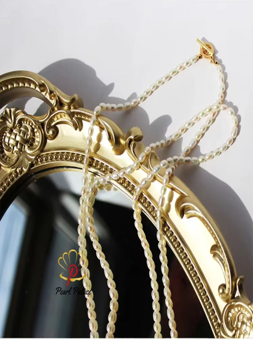 Long Chain Necklace For Women Freshwater Natural Baroque Pearls Necklace 4-6mm Rice Shape Beads Vintage Sweater Chain