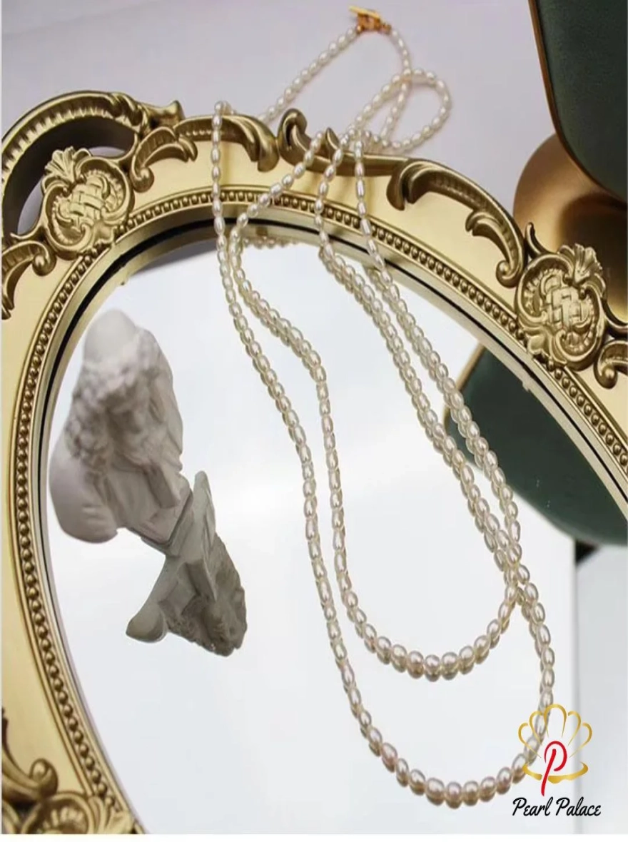 Long Chain Necklace For Women Freshwater Natural Baroque Pearls Necklace 4-6mm Rice Shape Beads Vintage Sweater Chain