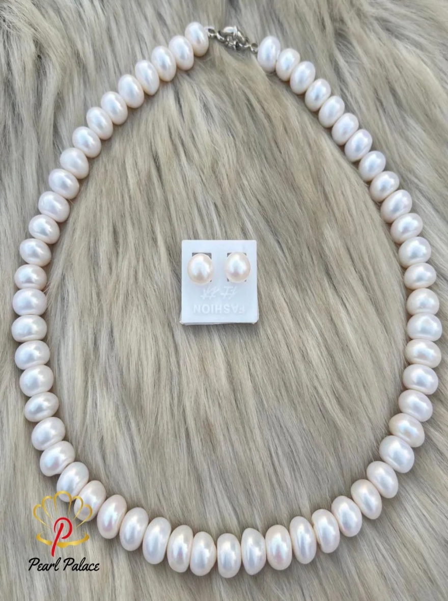 Classic White Bouton Pearl Necklace and Earring Set.