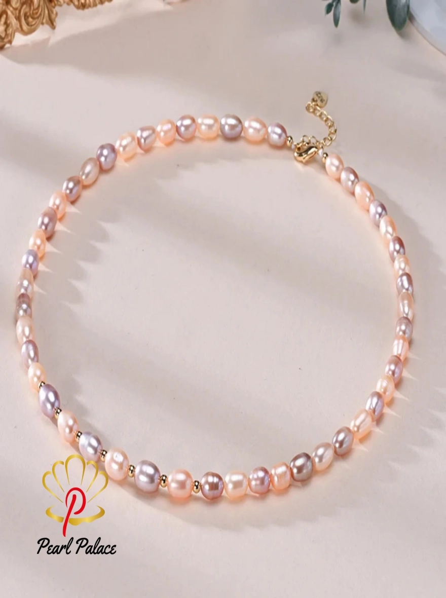 6-7mm Rice Shape Freshwater White Pink Purple Mixed Color Pearl Necklace 925 Sterling Silver Jewelry for Women