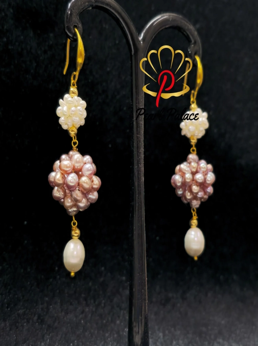 Handcrafted Cluster Freshwater Pearl Earrings with Gold Hooks – Elegant Drop Design